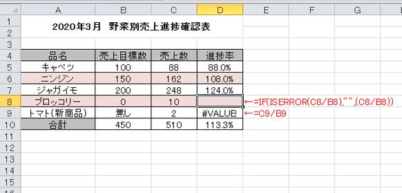 ISERROR関数を使ってエラー値を非表示にする