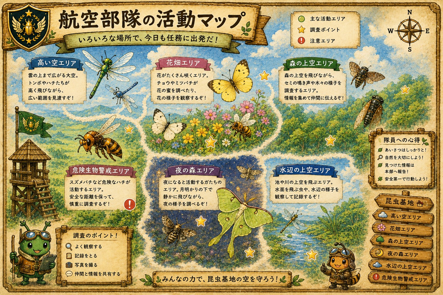 航空部隊の活動マップ。高い空、花畑、森の上空、夜の森、水辺の上空など空を飛ぶ昆虫たちの活動エリアを紹介した水彩イラスト