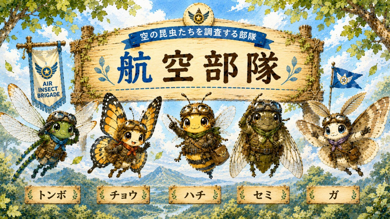 航空部隊の隊員たち。トンボ、チョウ、ハチ、セミ、ガが空を飛びながら調査任務を行うイラスト