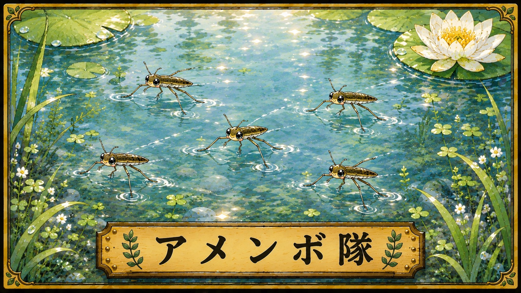 昆虫基地のアメンボ隊。水面を軽やかに移動するアメンボたちを描いた水彩イラスト