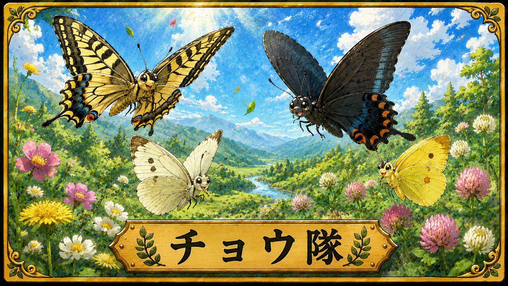 昆虫基地のチョウ隊。アゲハチョウ、クロアゲハ、モンシロチョウ、モンキチョウが花畑の上を舞う水彩イラスト