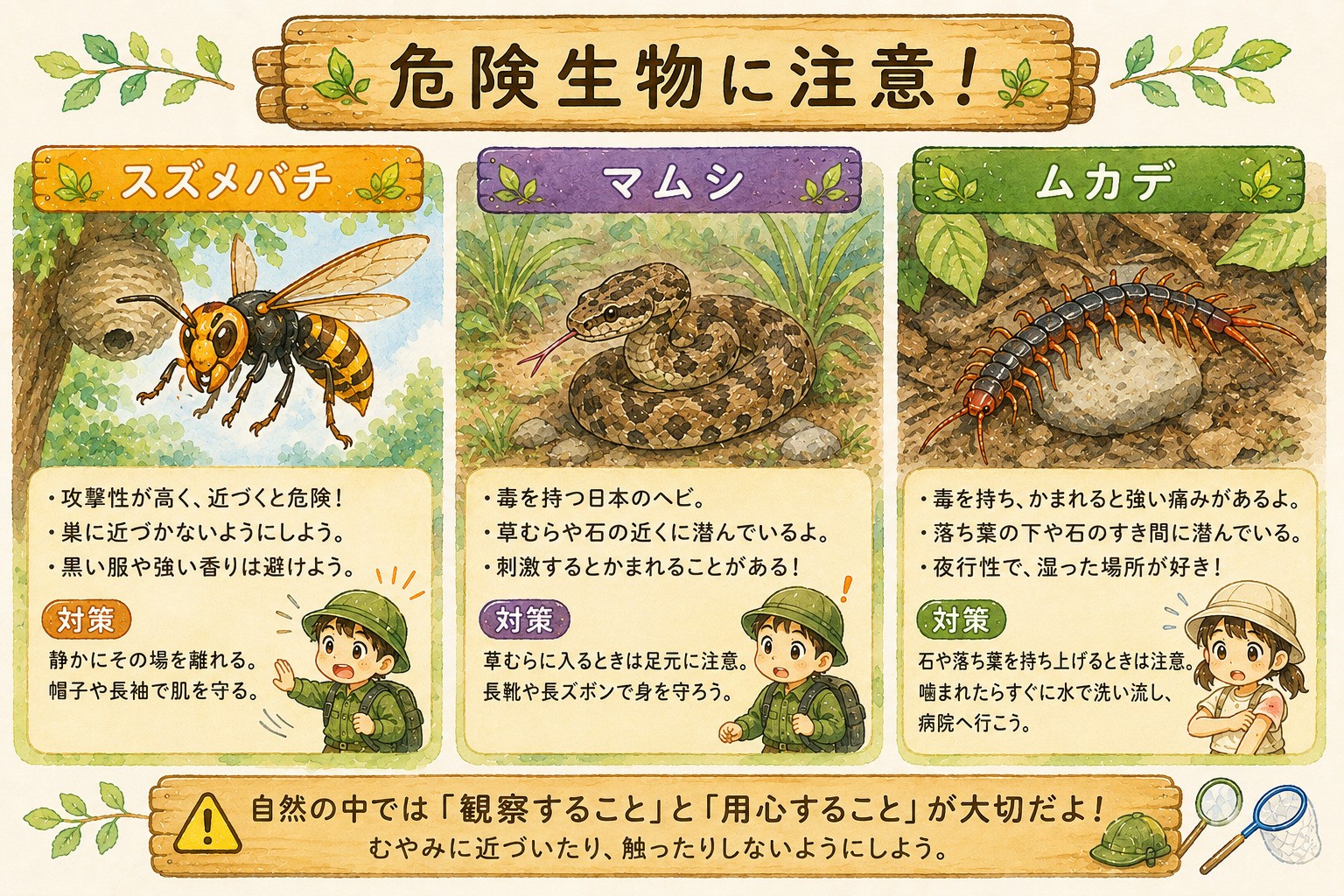 自然の中では危険生物にも注意。安全第一で採集を楽しもう！