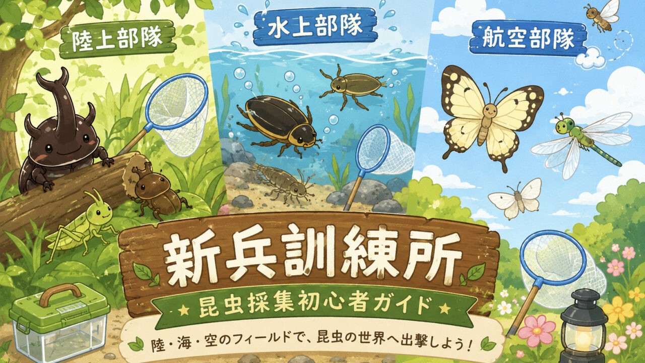 昆虫採集初心者ガイドのアイキャッチイラスト。陸・海・空の昆虫と採集道具をかわいく描いたデザイン