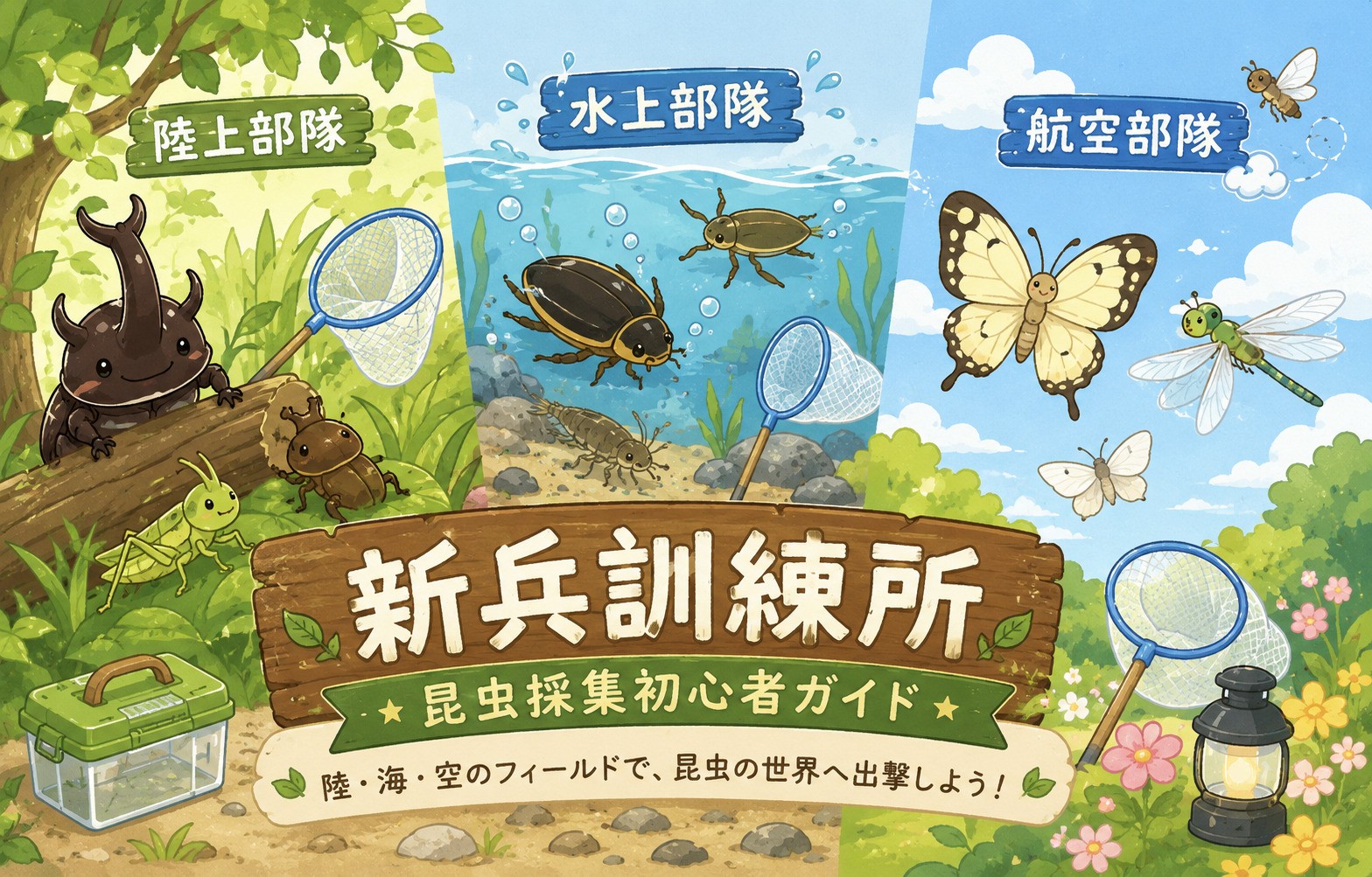 昆虫採集初心者ガイドのアイキャッチイラスト。陸・海・空の昆虫と採集道具をかわいく描いたデザイン