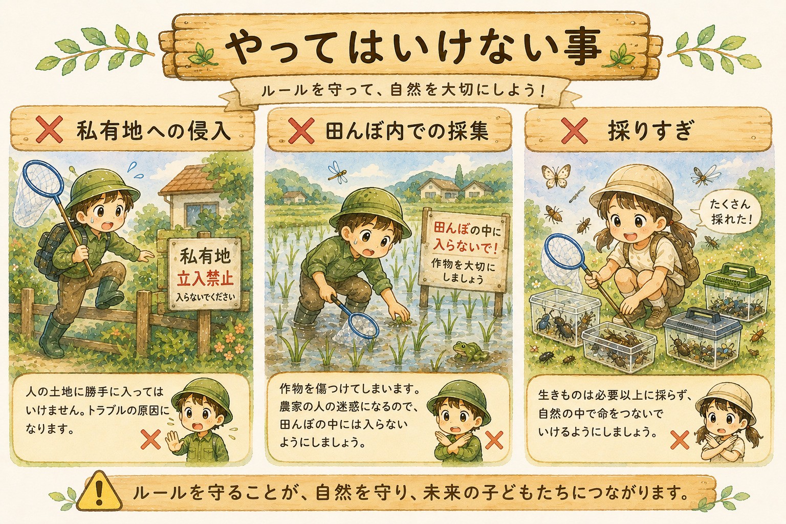 私有地侵入、田んぼ内での採集、採りすぎなど昆虫採集で守るべきルールを紹介したイラスト