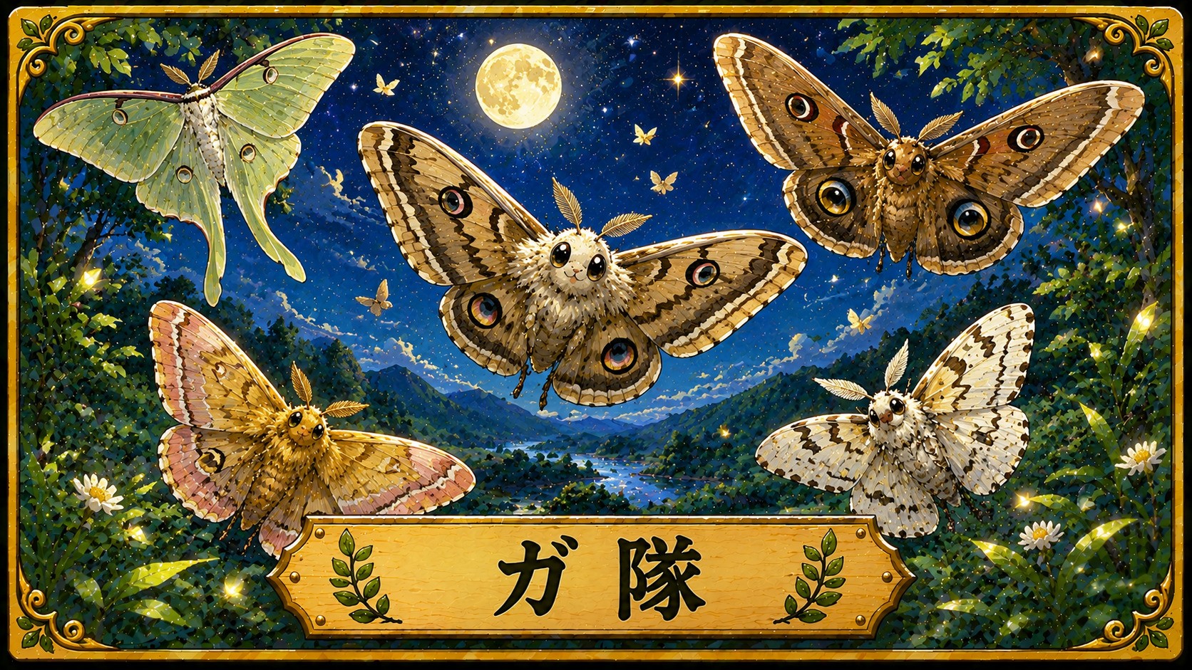 昆虫基地のガ隊。オオミズアオやヤママユガなどのガたちが夜空を舞う水彩イラスト