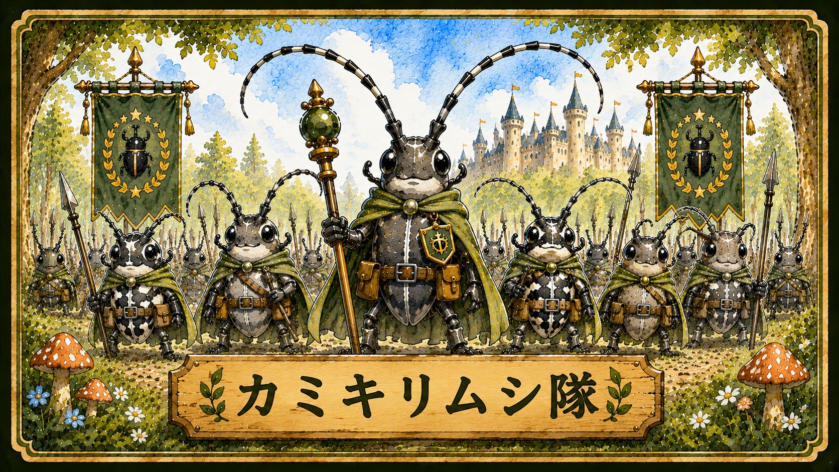 昆虫基地のカミキリムシ隊。シロスジカミキリを中心に仲間たちが森で活動する水彩イラスト