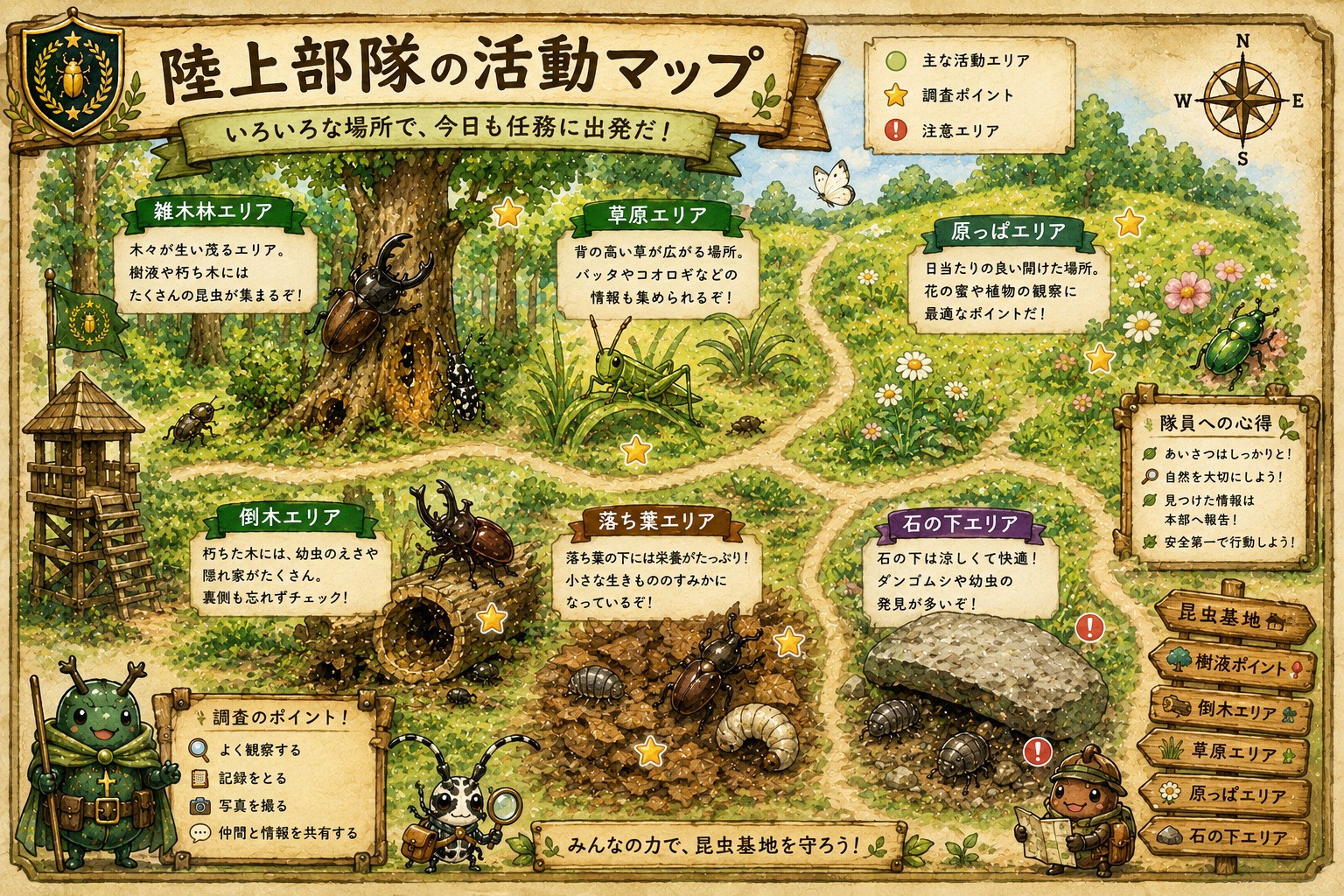 陸上部隊の活動マップ。雑木林、草原、原っぱ、倒木、落ち葉、石の下など昆虫が見つかりやすい場所を紹介するイラスト