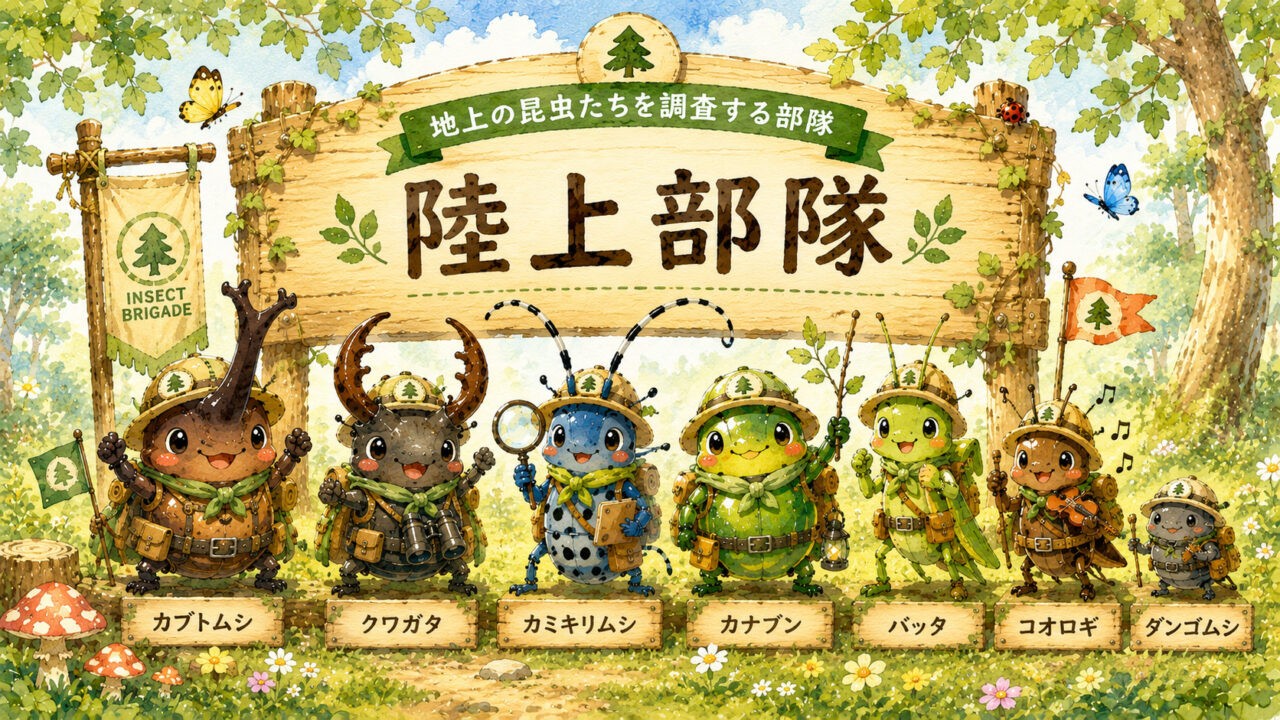 陸上部隊の隊員たち。カブトムシ、クワガタ、カミキリムシ、カナブン、バッタ、コオロギ、ダンゴムシが森で調査任務を行うイラスト