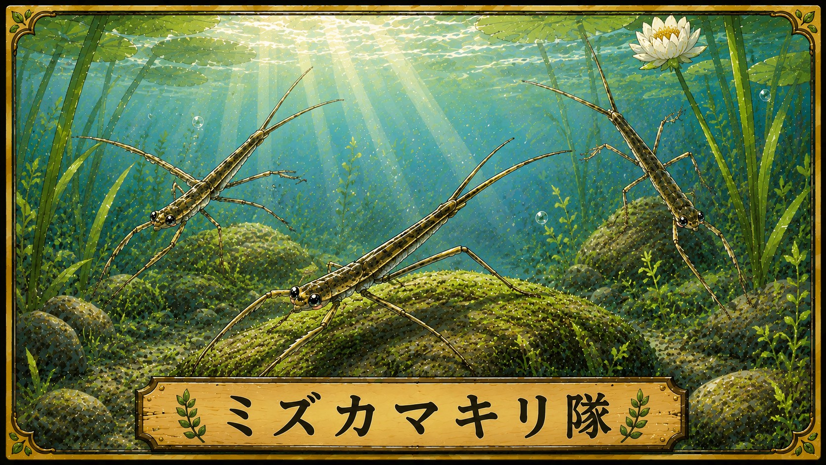 昆虫基地のミズカマキリ隊。細長い体と長い呼吸管を持つミズカマキリたちの水彩イラスト
