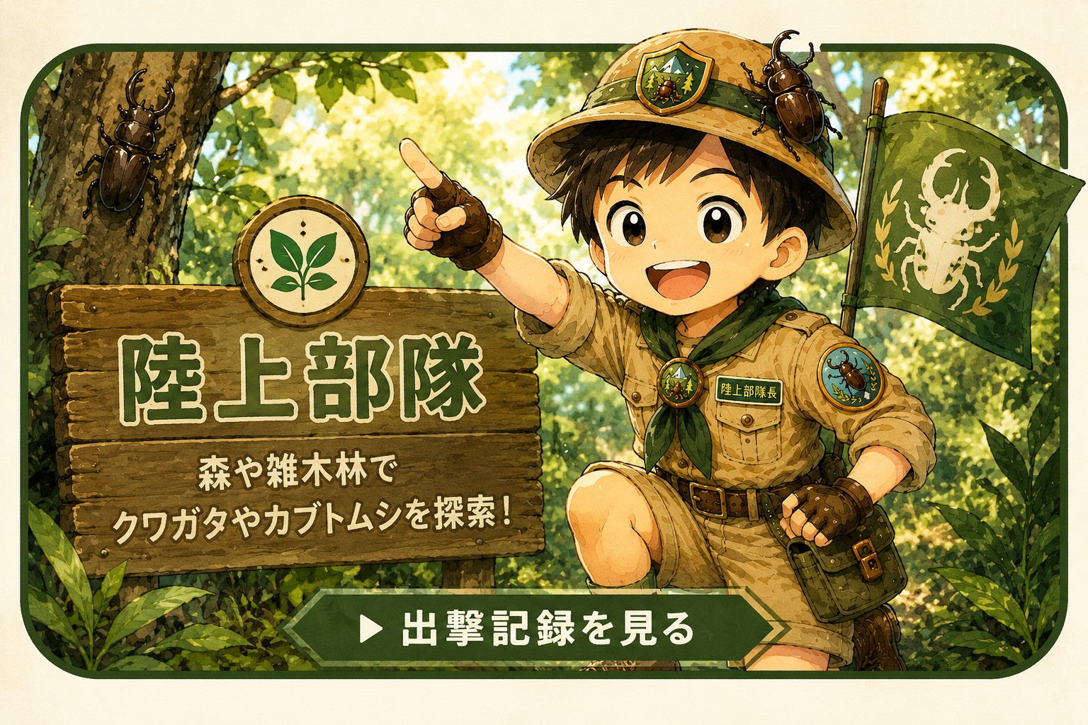 陸上部隊の制服を着た長男隊長が、森の中でクワガタやカブトムシを探索している水彩イラスト風バナー画像。