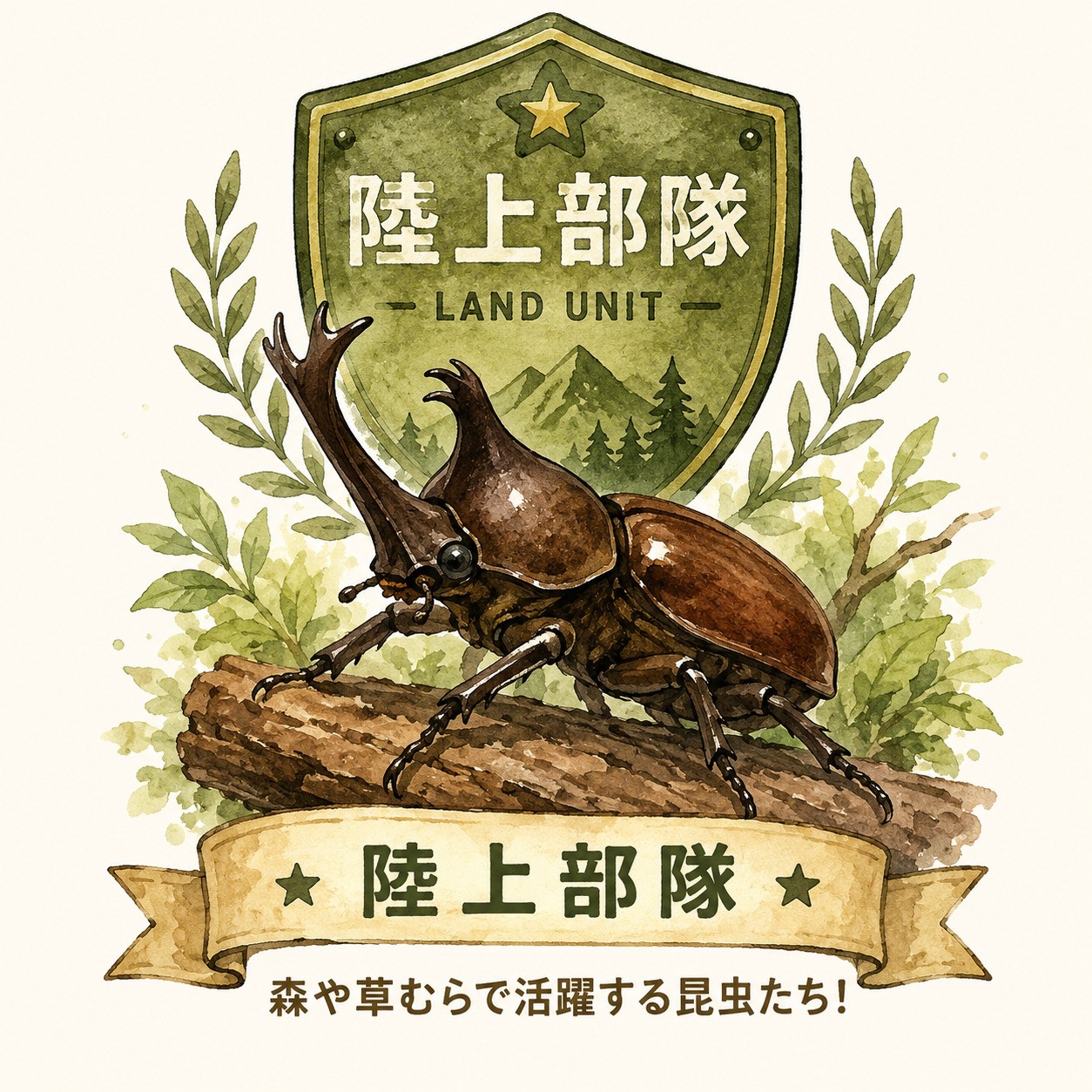 陸上部隊の部隊章とカブトムシを描いた水彩風イラスト