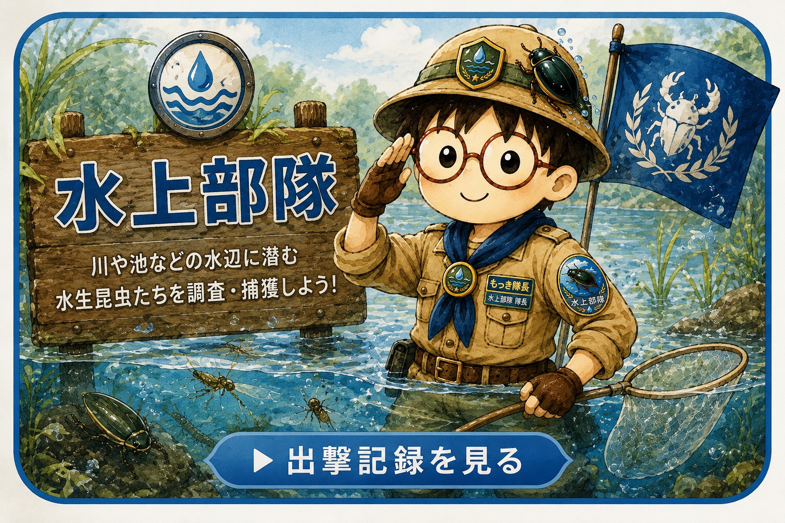 水上部隊の制服を着たもっき隊長が、水辺で網を持ちながら水生昆虫を調査している水彩イラスト風バナー画像。