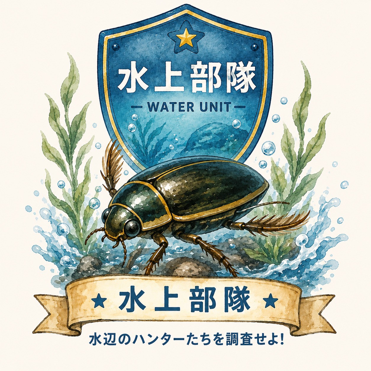 水上部隊の部隊章とゲンゴロウを描いた水彩風イラスト