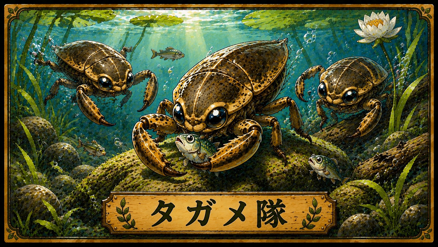 昆虫基地のタガメ隊。水中で獲物を待ち構えるタガメたちを描いた水彩イラスト