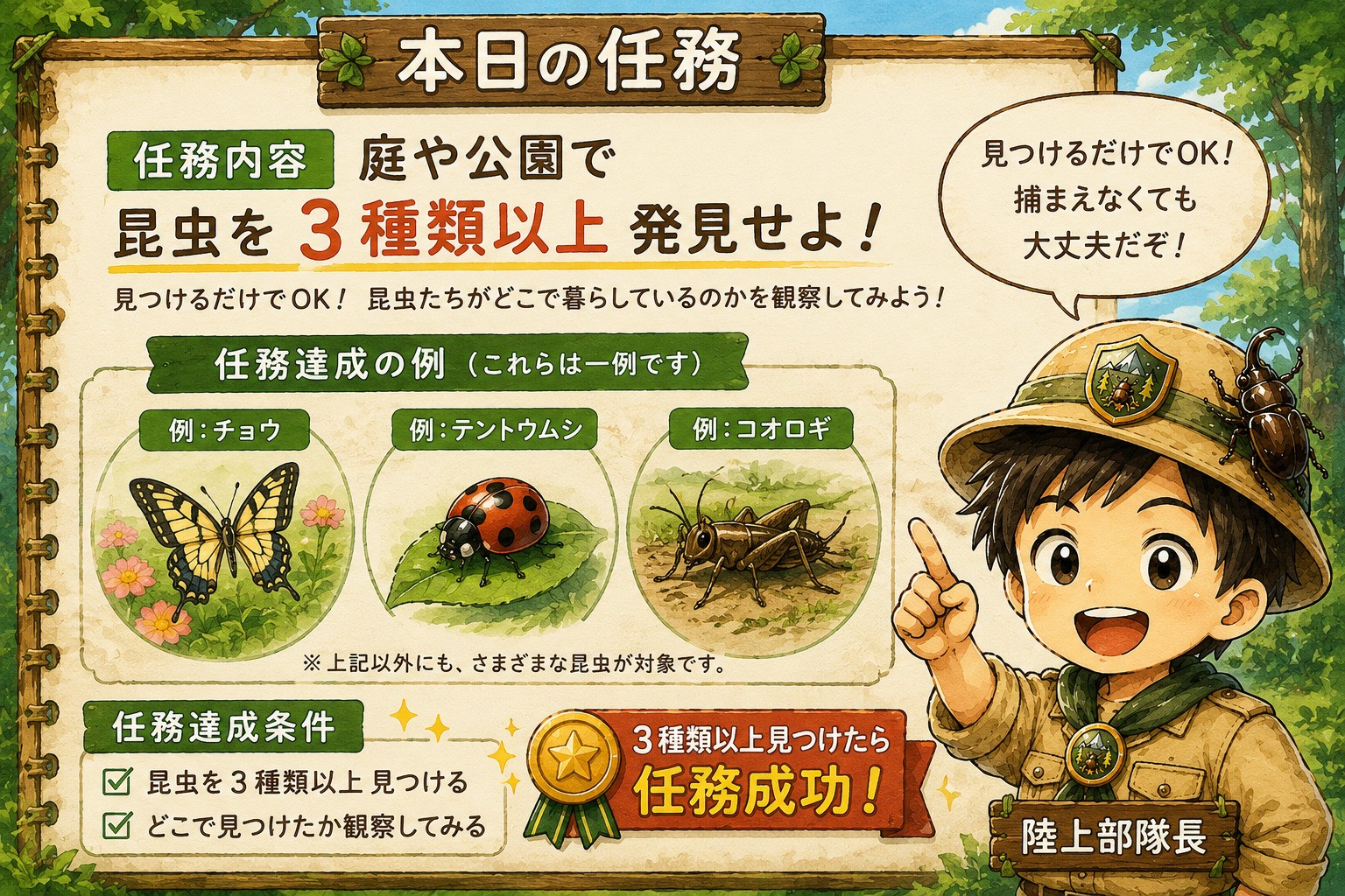 昆虫基地の訓練任務説明イラスト。庭や公園で昆虫を3種類以上発見する超初級任務を紹介し、陸上部隊長が任務内容を解説している。