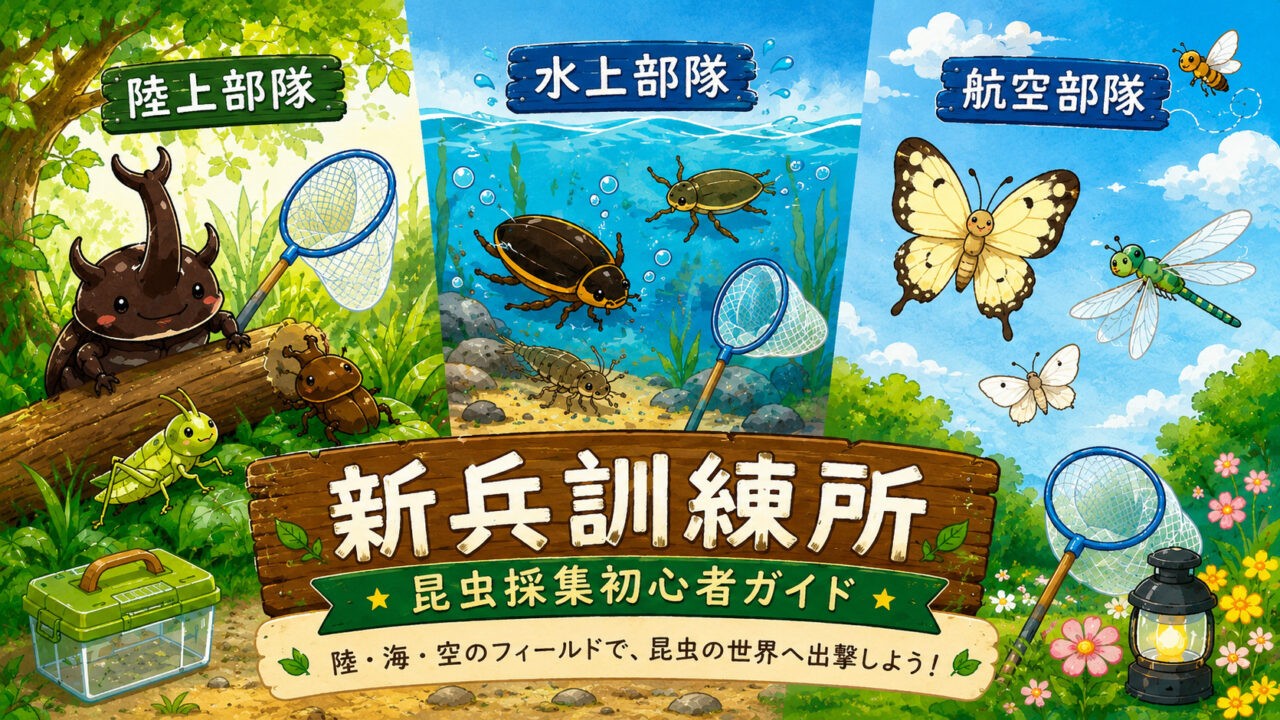 陸上部隊・水上部隊・航空部隊の3つのフィールドを紹介する新兵訓練所のアイキャッチイラスト。昆虫採集初心者向けガイドページ。