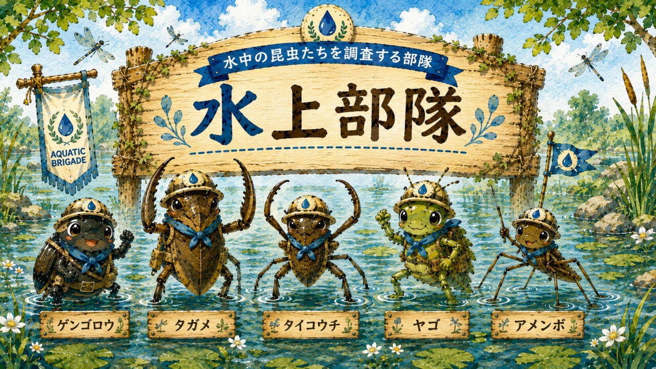 水上部隊の隊員たち。ゲンゴロウ、タガメ、タイコウチ、ヤゴ、アメンボが池や水辺で活動するイラスト