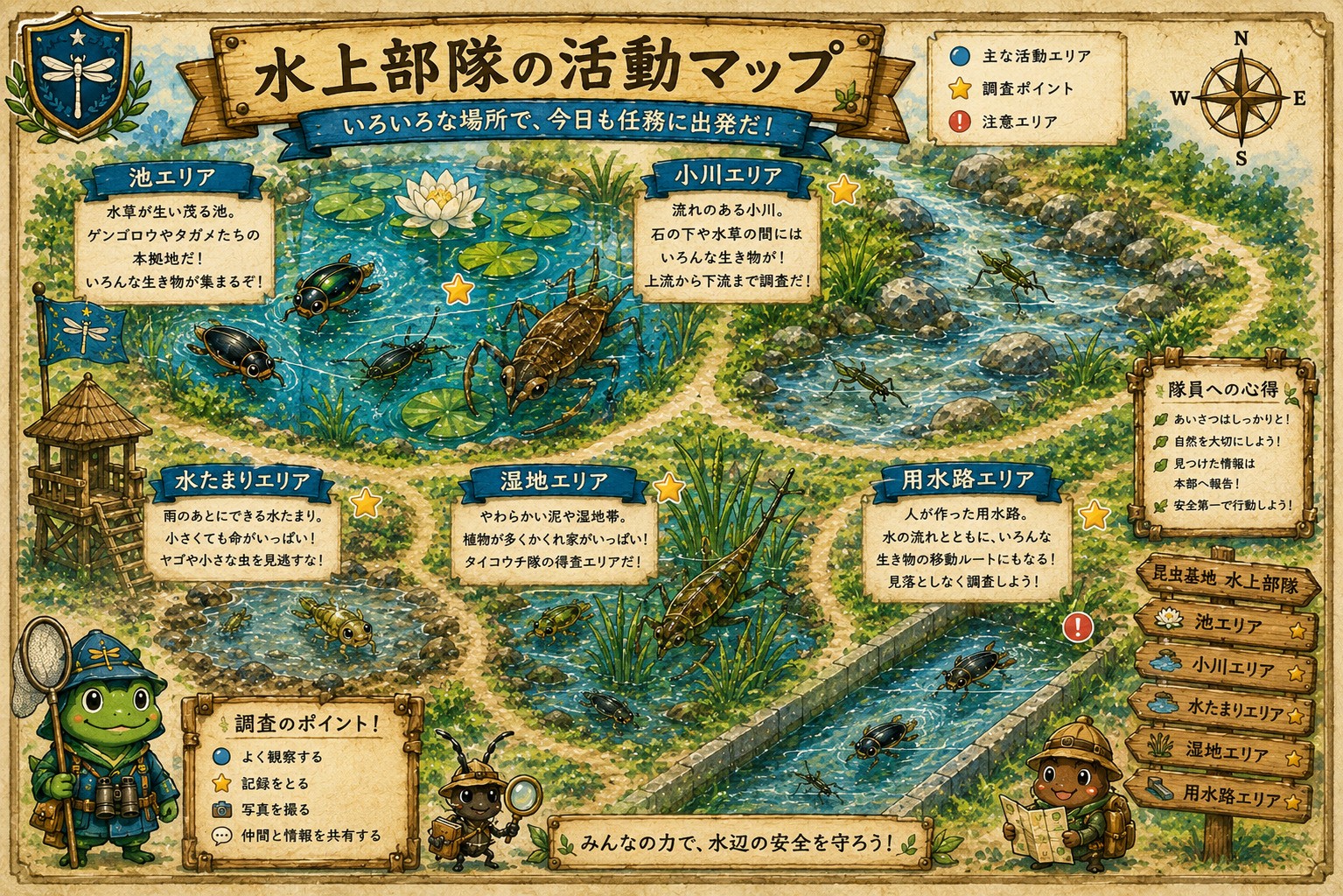水上部隊の活動マップ。池、小川、水たまり、湿地、用水路など水生昆虫が見つかりやすい場所を紹介するイラスト