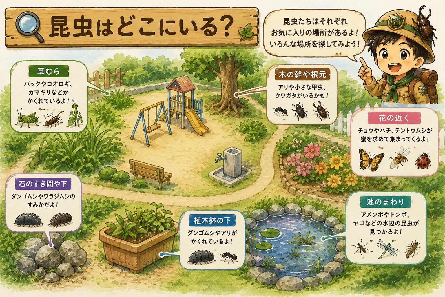公園や庭で昆虫が見つかりやすい場所を紹介する昆虫生息マップ。草むら、木の幹、花の近く、池のまわり、石の下、植木鉢の下などの昆虫スポットを陸上部隊長が案内している。