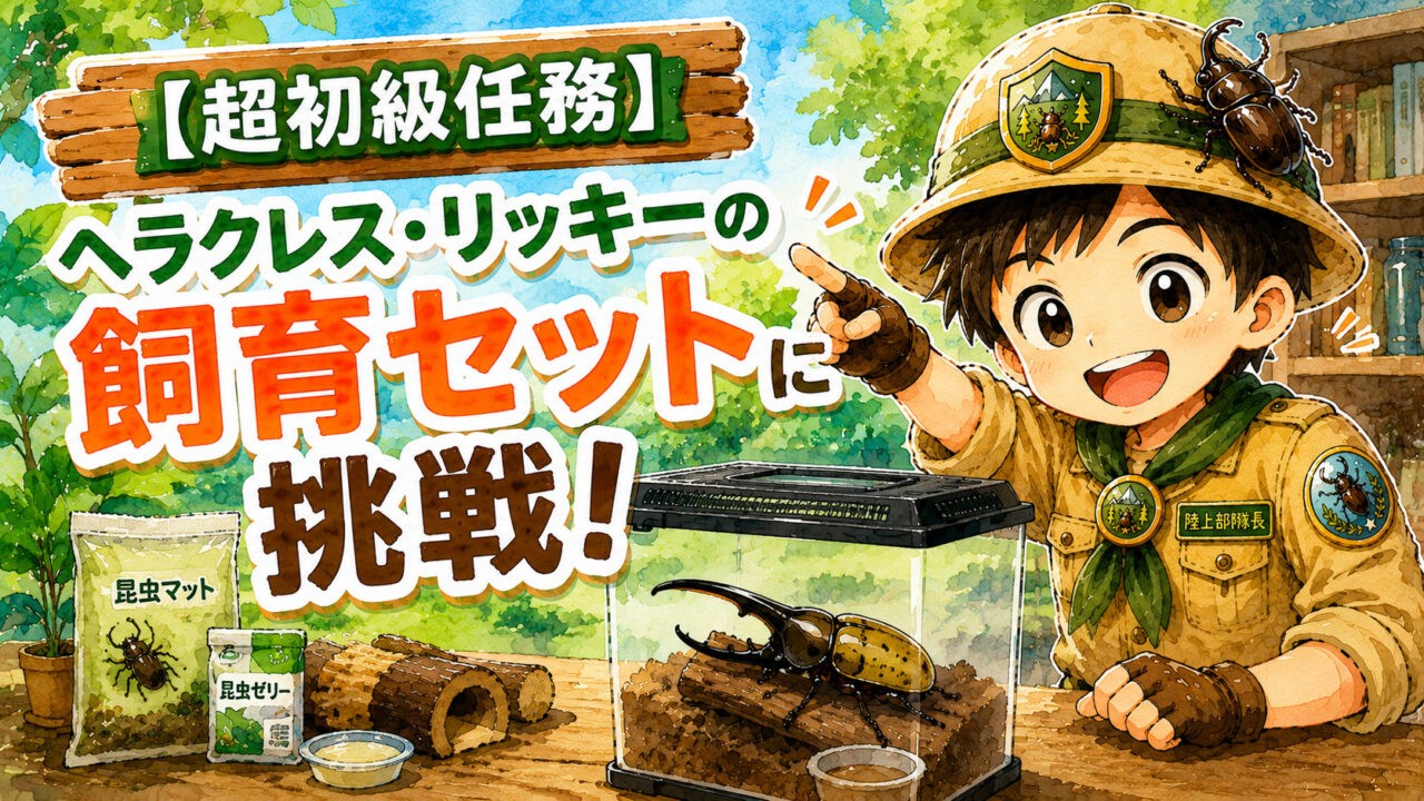 長男隊長がヘラクレス・リッキーの飼育セット作りに挑戦する様子を描いた昆虫基地のアイキャッチイラスト