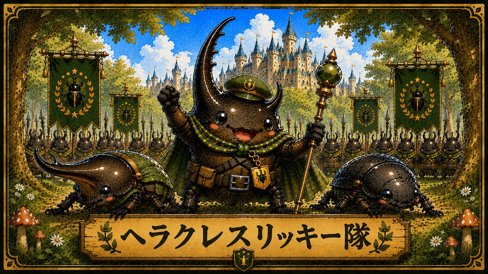 ヘラクレスリッキーのオスとメスをモチーフにした可愛らしい水彩画風イラスト。昆虫基地の世界観で描かれたヘラクレスリッキー隊のアイキャッチ画像。