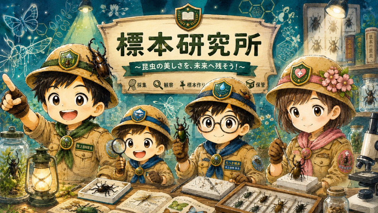 もっき隊長一家が昆虫標本作りに挑戦する標本研究所の水彩イラスト