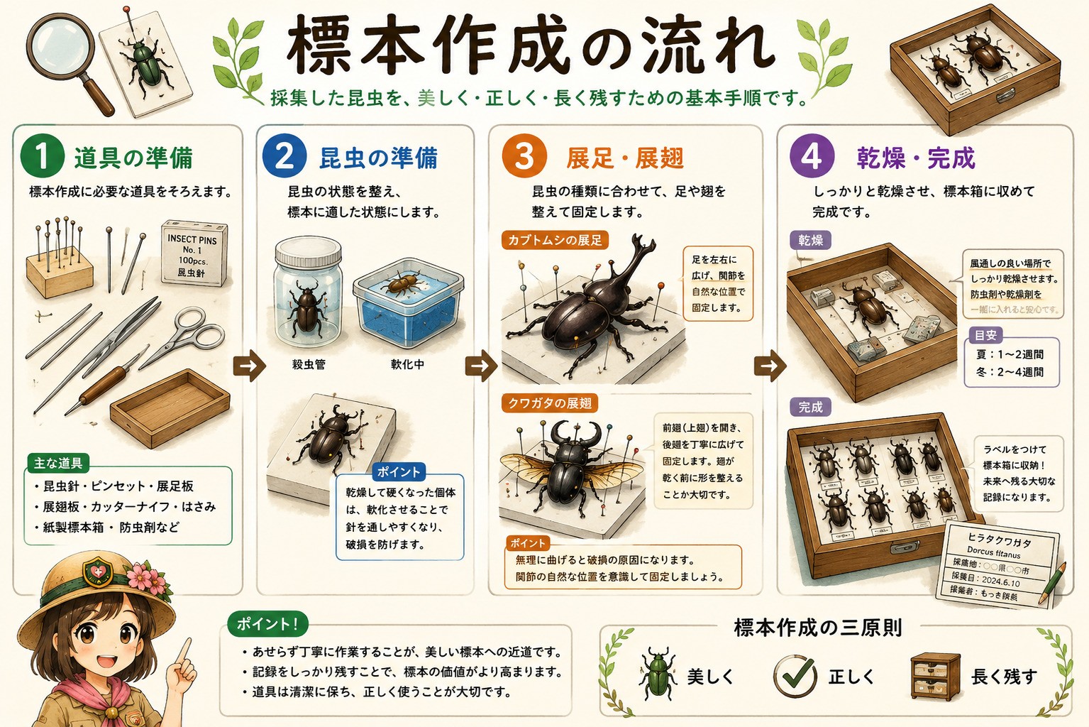 昆虫標本の作成手順を紹介するイラスト。道具の準備、昆虫の準備、展足・展翅、乾燥・完成までの流れを解説。