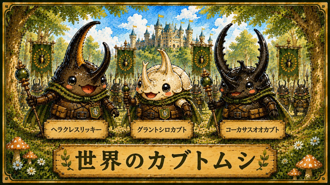 世界のカブトムシをモチーフにした水彩イラスト。ヘラクレスリッキー、グラントシロカブト、コーカサスオオカブトが昆虫基地の部隊員として並ぶアイキャッチ画像。